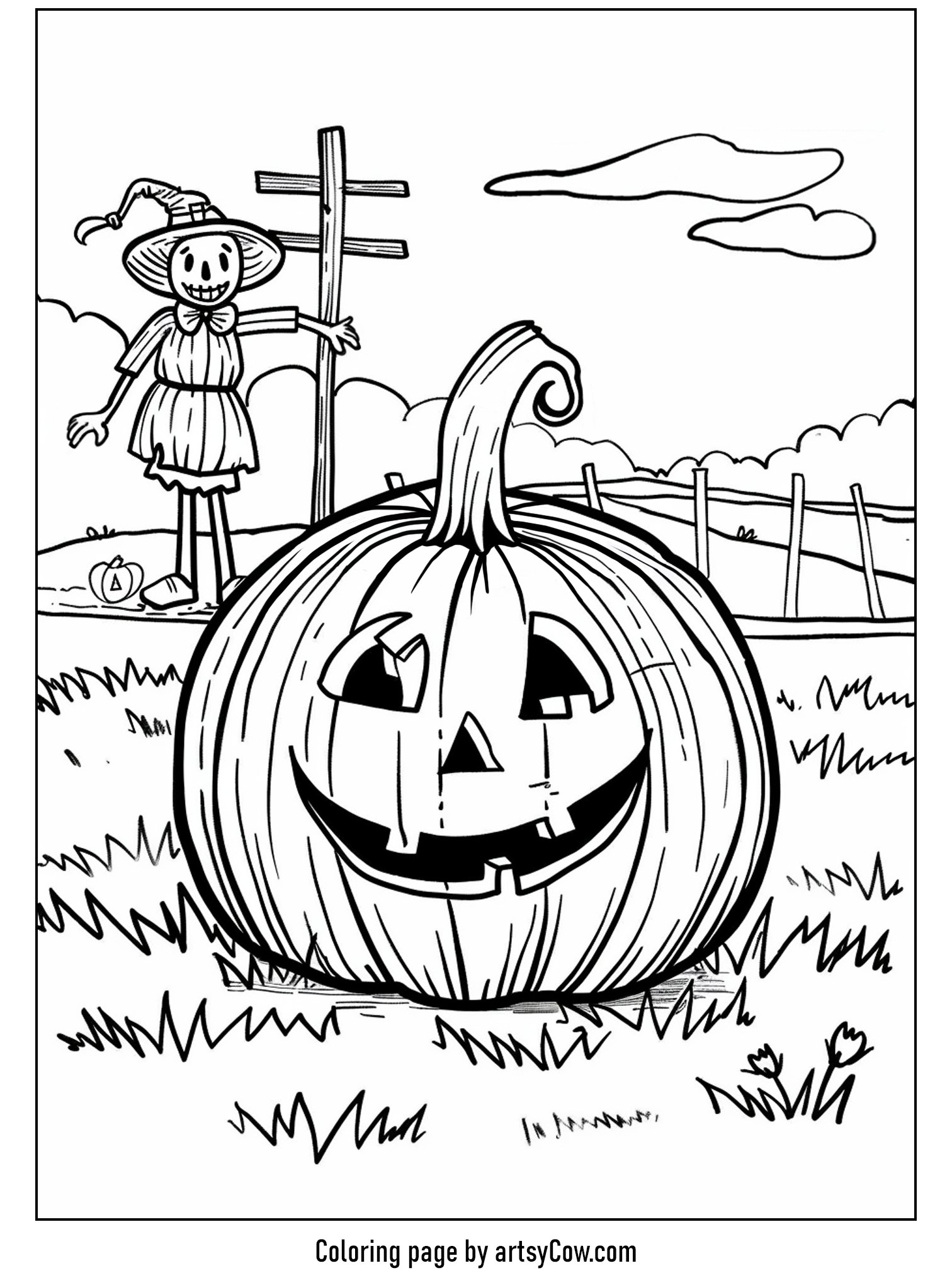halloween pumpkin drawings for kids, featuring a cheerful pumpkin and a friendly scarecrow in a sunny field